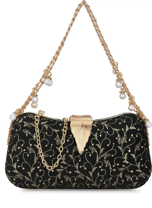 Black & Gold Printed Pearl Chain Clutch — Elegant Party Sling Bag