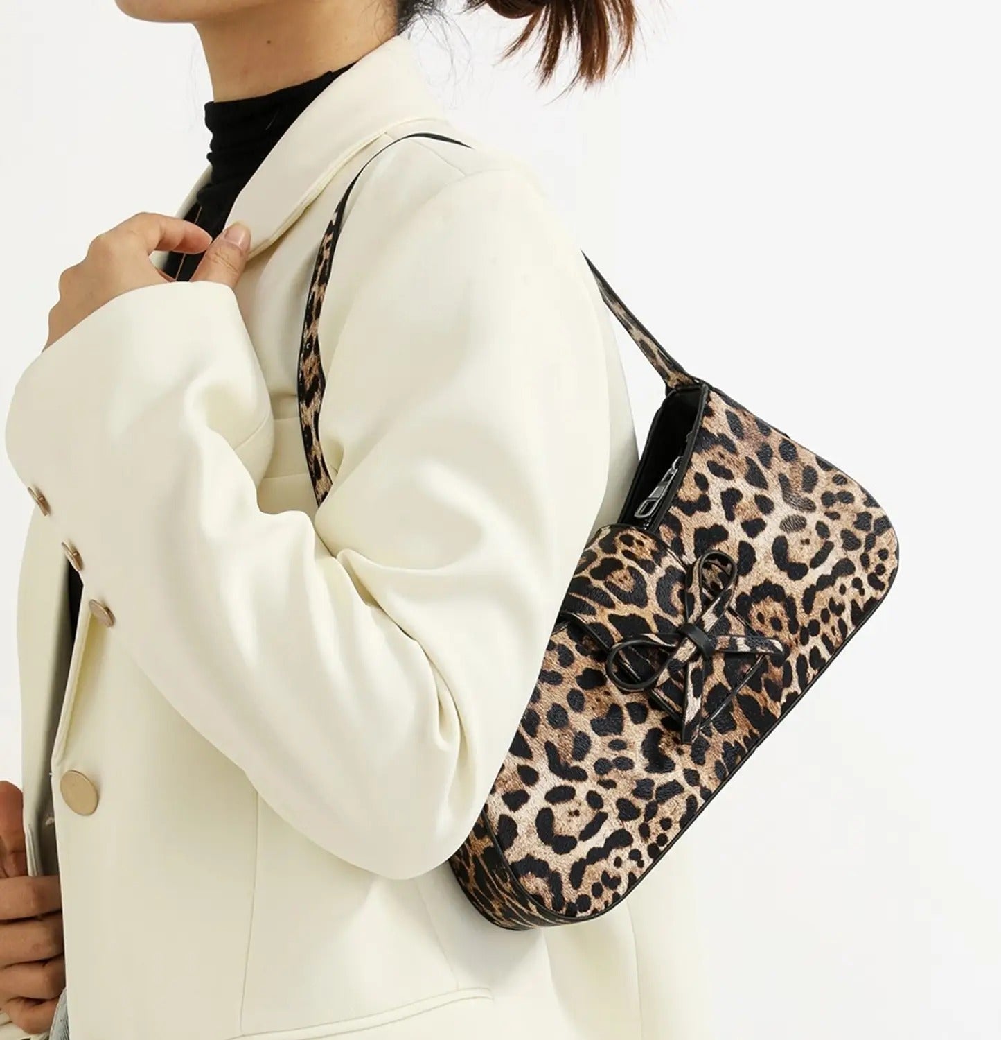 Leopard Print Bow Shoulder Bag — Trendy Gen-Z Statement Purse