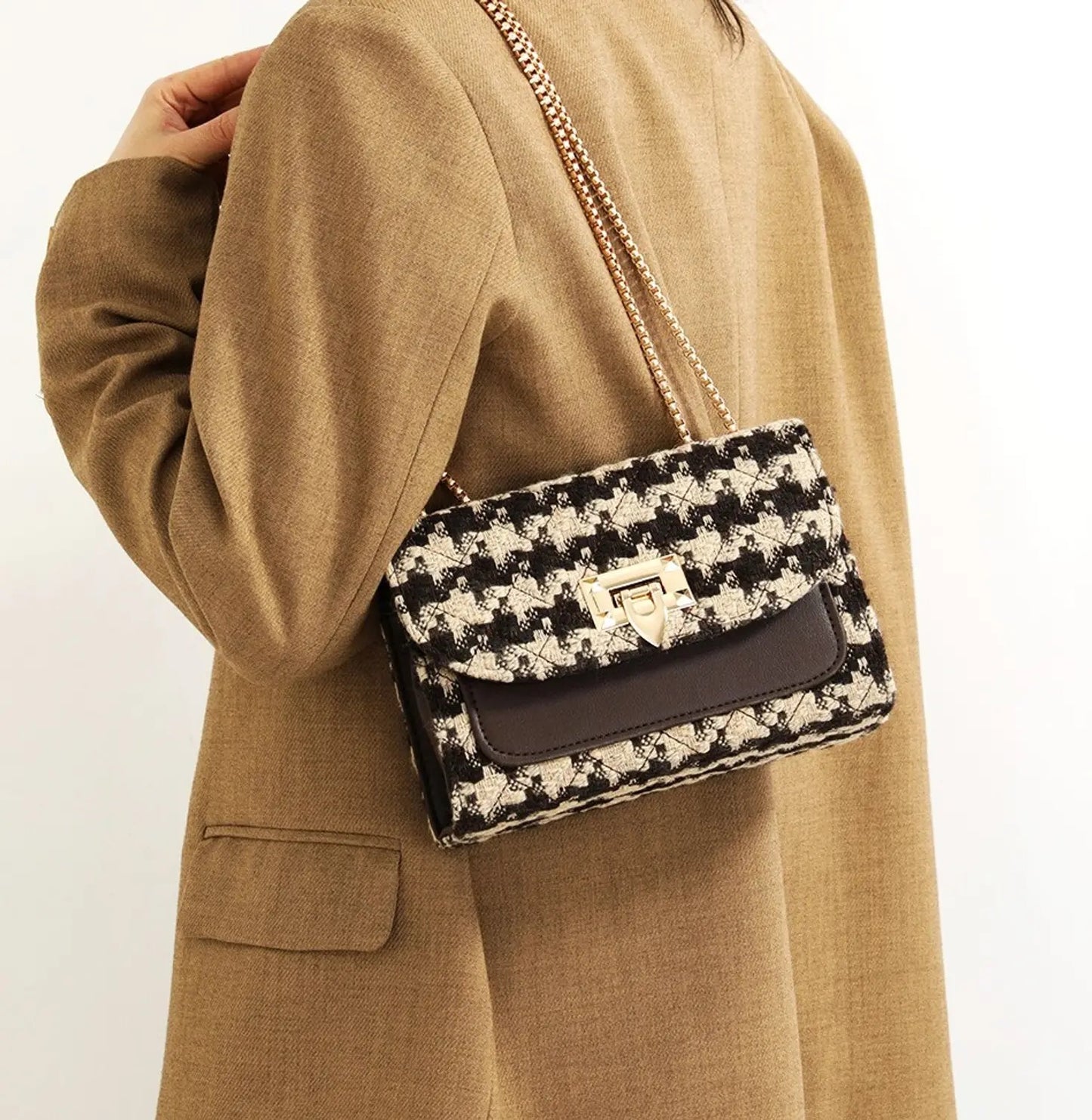 Checked Tweed Chain Sling Bag — Chic Mini Crossbody Purse