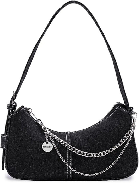 Black Denim Chain Shoulder Bag — Chic Everyday Statement Purse
