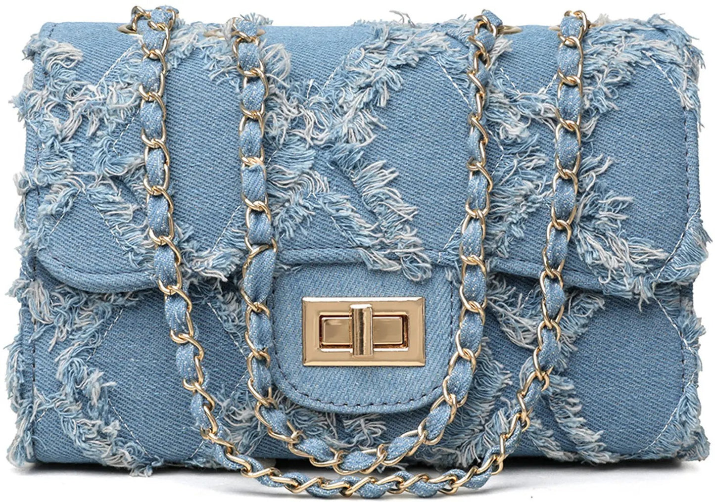 Frayed Denim Chain Sling Bag — Trendy Statement Shoulder Purse